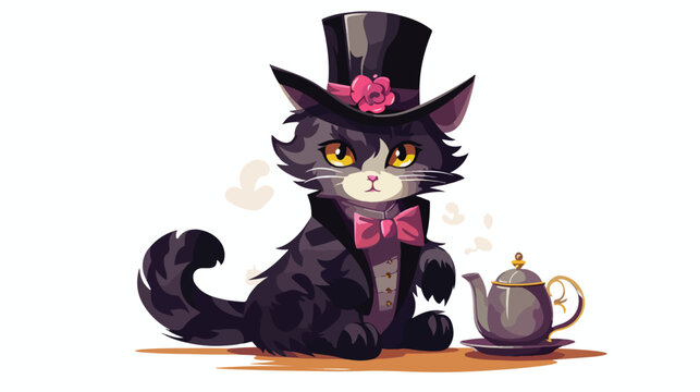 A talking cat wearing a top hat and holding a teapo