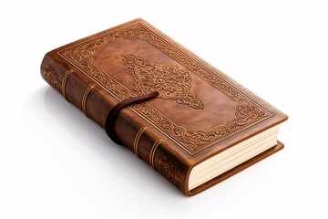 A vintage leather-bound book, its faded cover embossed with intricate designs against the pristine white background