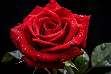 A vibrant red rose, its delicate petals unfurling gracefully against the black backdrop