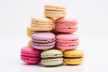 Fototapeta na wymiar A stack of colorful macarons, their delicate shells filled with luscious cream, arranged neatly against the clean white space