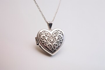 A silver locket, its polished surface gleaming against the pristine white backdrop. The locket is delicately engraved with intricate patterns