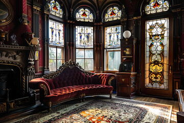 Obraz premium Living Room With Stained Glass Windows and a Couch