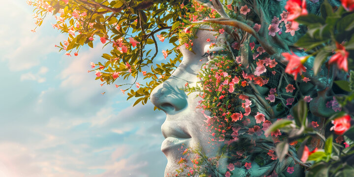 Blooming season merging with angle face, concept art to edit with free space