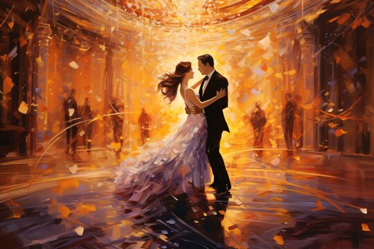 Vibrant painted scene of a couple dancing in a golden ballroom, amidst the glow of crystal chandeliers and cascading flower petals