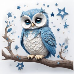 Fototapeta premium Painting of cute owl perched on a tree branch