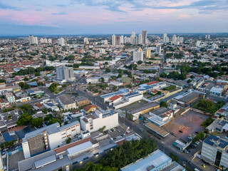 Fototapeta premium Aerial city scape at sunset in summer in Cuiaba Mato Grosso