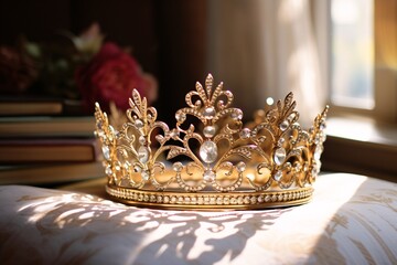A glittering tiara resting on a bedside table, catching the sunlight filtering through a nearby window