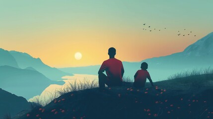 Father and son admire the beautiful landscape. Father's Day. AI generation.