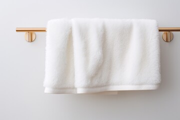 A detailed shot highlighting the texture and color of a fluffy bath towel, hanging elegantly on a towel rack against a clean white wall