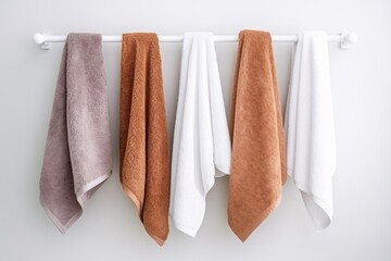 Detailed shot highlighting the texture and color of a fluffy bath towel, hanging elegantly on a towel rack against a clean white wall