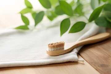 Detailed shot showcasing the soft bristles of a bamboo toothbrush, an eco-friendly choice for...