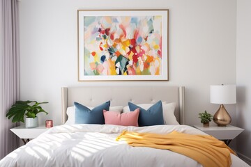A detailed shot capturing the vibrant colors of a framed piece of artwork, adding personality and charm to the bedroom decor
