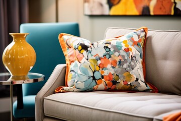 A detailed shot capturing the vibrant colors of a contemporary throw pillow, adding a pop of personality to the neutral-toned sofa