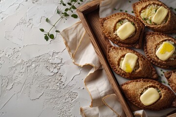 Fototapeta na wymiar Savory Karelian Pies with Egg Butter on Rye Crust