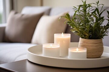 A detailed shot capturing the smooth surface of a ceramic tray, adorned with scented candles to create a relaxing ambiance in the living room