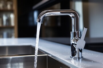 A close-up view of a shiny chrome faucet with water droplets glistening under the light, adding a touch of elegance to any modern kitchen or bathroom