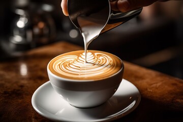 Close-up shot of a barista preparing a perfect latte art design on a freshly brewed cup of coffee, with frothy milk swirling into intricate patterns - obrazy, fototapety, plakaty