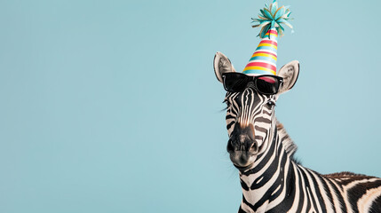Zebra in a party hat and sunglasses on pastel blue background 