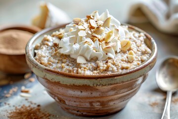 Fototapeta na wymiar Cozy Breakfast Bowl of Rye Porridge with Cream and Almonds