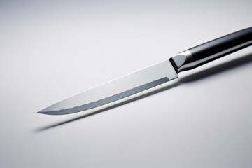 A close-up perspective of a gleaming stainless steel kitchen knife, its sharp blade catching the light, against a gray background