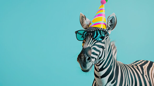 Zebra in a party hat and sunglasses on pastel blue background 