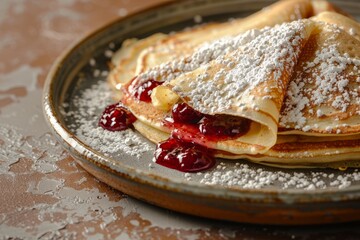 Gourmet Thin Swedish Pancakes with Berry Jam and Sugar Dusting