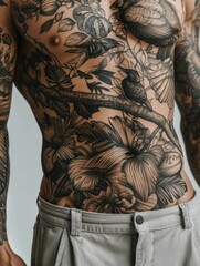 Body art close-up above the waist drawing of plants. AI generative.