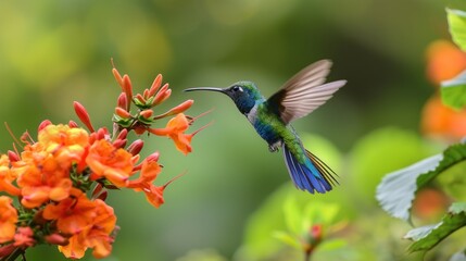 Green Purple-eared Hummingbird, (Colibri thalassinus), drinking flower nectar while flying in the forest