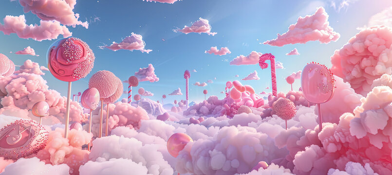 A candy and sweet themed fantasy world with attractive and bright multi-colored buildings and plants. Full of joy and happiness.