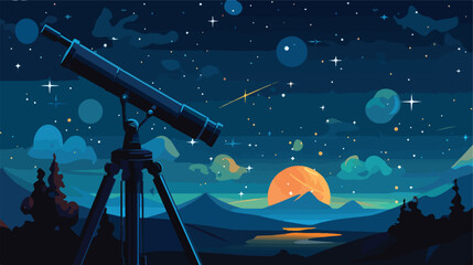 A telescope pointed towards a starry night sky with - obrazy, fototapety, plakaty