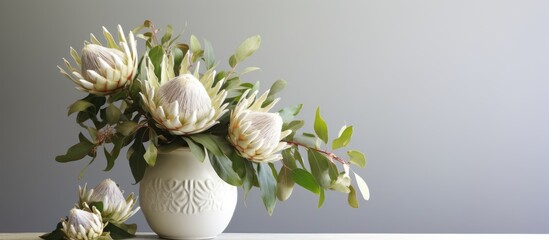 Exotic protea blooms in elegant white vase