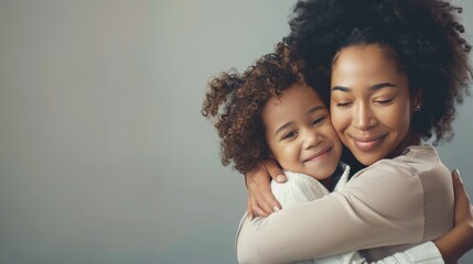 A woman is hugging a young girl. The girl is smiling and the woman is smiling back. The image conveys a warm and loving moment between a mother and her child. Mother's day concept
