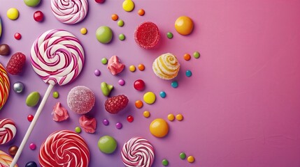 Photo of Colorful sweets. Lollipops and candies. Top view with space for greetings.