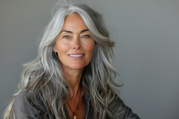 A stunning mature woman in her 50s, with long gray hair, against a light gray background 
