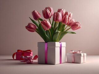 Women's Day background with copy space, 8 March poster with tulip flowers and gift boxes design.