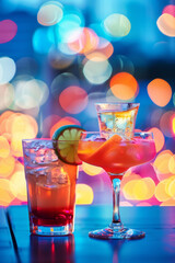 Cocktails on a bar counter with bokeh lights and blur background. Tropical beverage. Holidays, celebration, nightclub, bar, celebrate. - 758291255