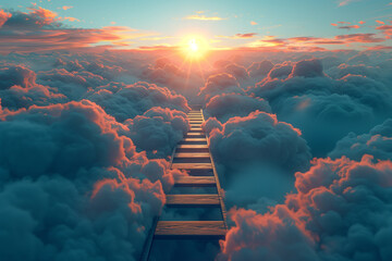 Step ladder leading in clouds . Growth, future, development concept with minimal pastel colors