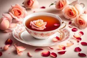 Fototapeta na wymiar A dainty teacup filled with fragrant peach tea, surrounded by delicate rose petals on the soft gradient background