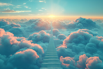 Step ladder leading in clouds . Growth, future, development concept with minimal pastel colors