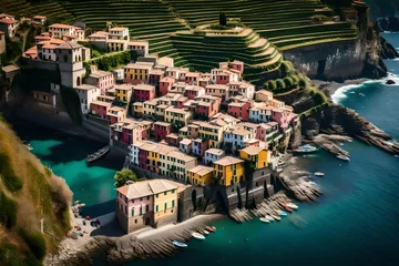 Foto op Canvas A captivating aerial photograph of Vernazza village and its surrounding vineyards, capturing the unique blend of natural beauty and human settlement, presented in stunning 8K resolution © Goshi