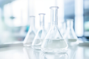 Transparent flasks set against the backdrop of a laboratory filled with pristine water, symbolizing purity and scientific precision. This captivating image evokes the essence of experimentation