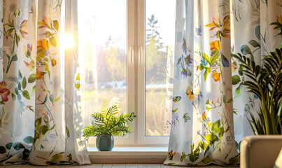 sunlight streaming through floral patterned curtains in cozy room