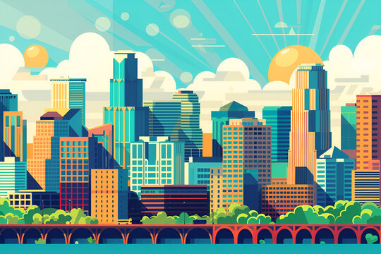 A flat vector city skyline of Minneapolis, Minnesota, USA.  A beautiful panoramic view of Skyscrapers.