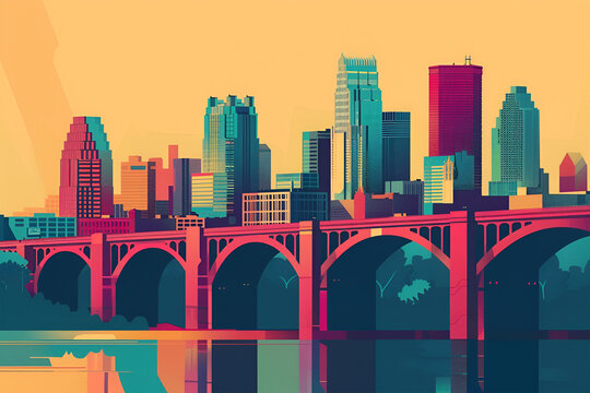 A flat vector city skyline of Minneapolis, Minnesota, USA.  A beautiful panoramic view of Skyscrapers.
