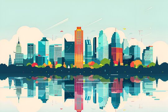 A flat vector city skyline of Minneapolis, Minnesota, USA. A beautiful panoramic view of Skyscrapers.