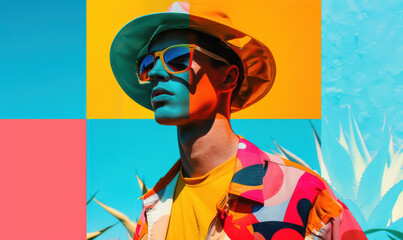 modern fashion collage with man wear hat and sunglasses  in bold colorful outfit and geometric shapes, summer vibe 