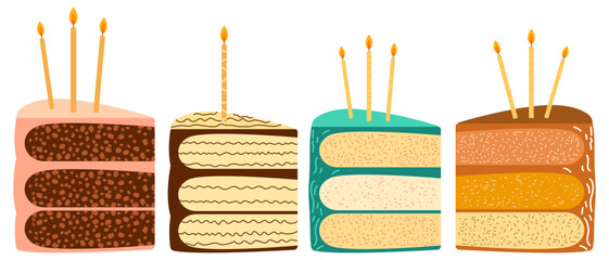 Burning candles on cake slices. Birthday cake slice set. Sticker, postcard for pranks