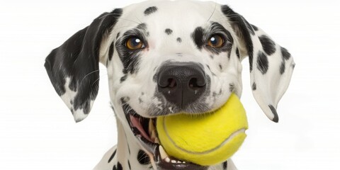 Playful Companion: A Spotted Dalmatian Energetically Holds a Tennis Ball, Awaiting the Next Throw, Generative AI