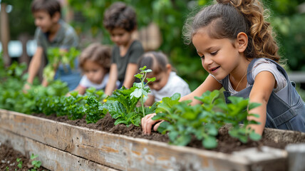 Children gardening in a raised bed with vegetable and herb plants in a 3/4 side view in a horizontal layout, in an Educational outdoor-themed, photorealistic illustration in JPG. Generative ai
