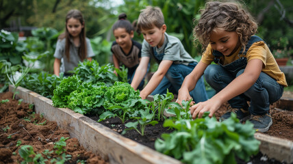Children gardening in a raised bed with vegetable and herb plants in a 3/4 side view in a horizontal layout, in an Educational outdoor-themed, photorealistic illustration in JPG. Generative ai